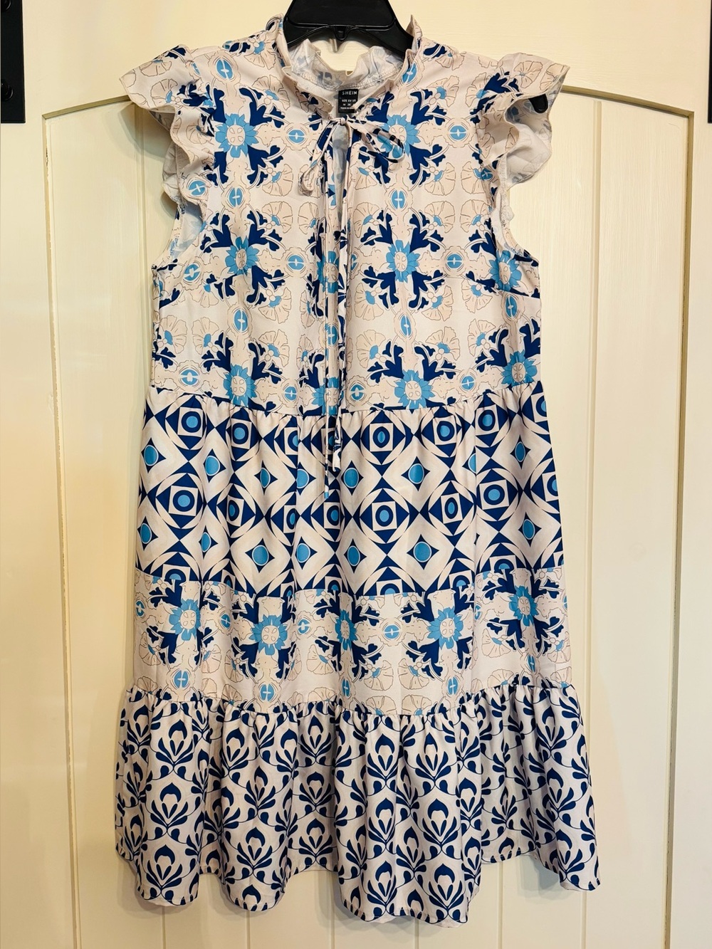 Blue & White Floral Tie-Neck Dress